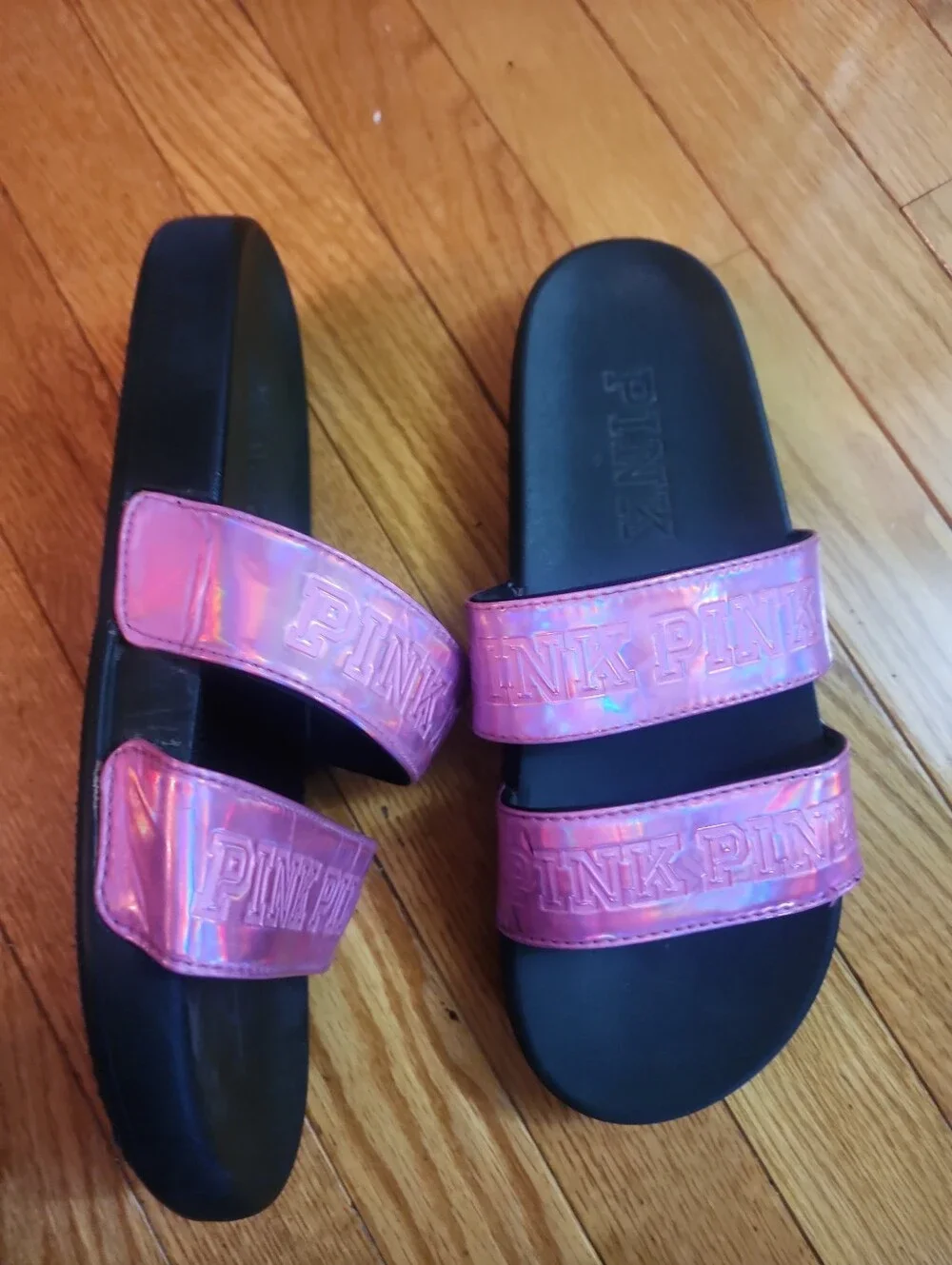 PINK Victoria's Secret Iridescent Pink Double-Strap Slide Sandals/ Women's
